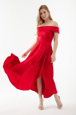 Lafaba Women's Red Boat Neck Midi Satin Evening Dress