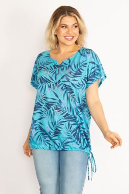 Şans Women's Plus Size Blue Stone Detailed Hem Tunnel Laced Blouse