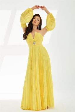 Carmen Yellow Chiffon Belt Detailed Long Evening Dress