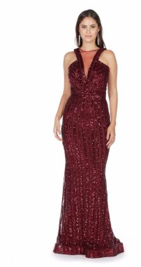 Carmen Burgundy Striped Sequined Fishnet Evening Dress