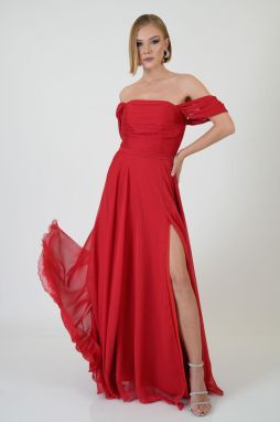 Carmen Red Low Sleeve Slit Chiffon Evening Dress
