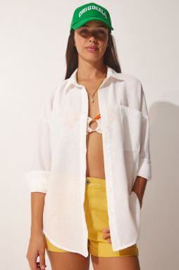 Happiness İstanbul Women's White Linen Blended Oversize Shirt