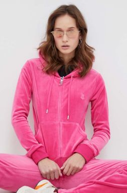 Velúrová mikina Juicy Couture ružová farba, s kapucňou, s nášivkou