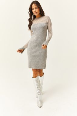 Olalook Women's Gray Transparent Tulle Detailed Mini Knitwear Dress