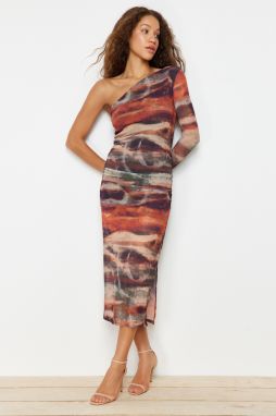 Trendyol Multi-colored Fitted/Sticky Draped One-Shoulder Maxi Knit Dress with Tulle Liner