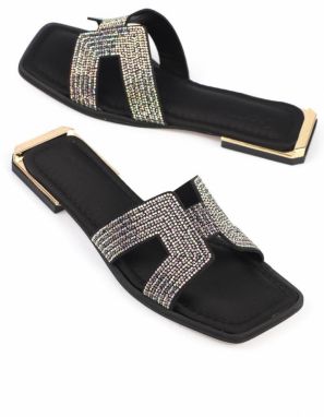 Capone Outfitters Women's Short Toe Stony Band Metal Heel Detail Satin Slippers