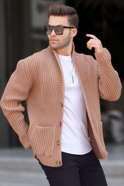 Madmext Camel High Neck Pocket Knitwear Cardigan 6815