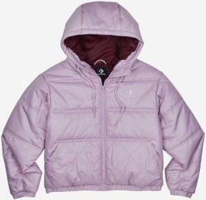 Svetlo fialová dámska prešívaná zimná bunda s kapucňou Converse Embroidered Puffer Jacket