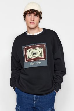 Trendyol Black Oversize/Wide-Fit Crew Neck Long Sleeve Ethnic Appliqued Sweatshirt