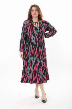 Şans Women's Plus Size Colorful V-Neck Crepe Fabric Long Sleeve Layered Dress