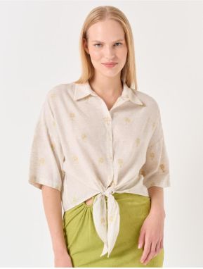 Jimmy Key Beige Tie Front Shirt with Palm Detail