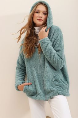 Trend Alaçatı Stili Women's Mint Hooded Zippered Front Double Pocket Oversized Plush Sweatshirt