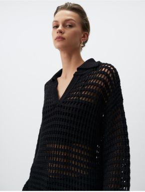 Jimmy Key Black Polo Neck Long Sleeve Openwork Sweater