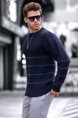 Madmext Navy Blue Crew Neck Knitted Sweater 6837