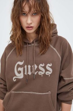 Mikina Guess Originals dámska, hnedá farba, s kapucňou, s nášivkou