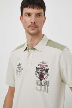 Bavlnené polo tričko Aeronautica Militare béžová farba, s nášivkou