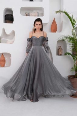 Carmen Anthracite Organza Low Sleeve Engagement Evening Dress