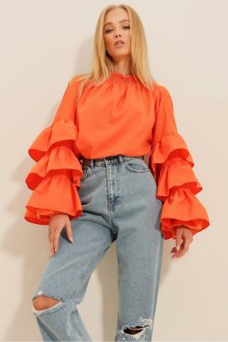 Trend Alaçatı Stili Women's Orange Turtleneck Sleeve Flounce Woven Blouse