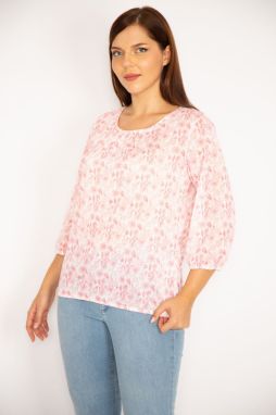 Şans Women's Plus Size Pink Patterned Blouse with Elastic Hem and Arms