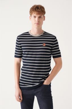 Avva Men's Navy Blue Cotton Crew Neck Striped Marine Printed Regular Fit Knitwear T-shirt