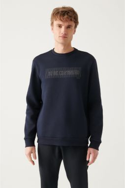 Avva Men's Navy Blue Crew Neck 3 Thread Fleece Printed Regular Fit Sweatshirt