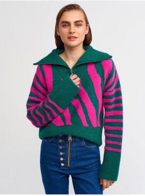 Dilvin 10282 Truck Neck Zippered Sweater-emerald-f.