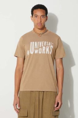 Bavlnené tričko Universal Works Mystery Train Print Tee 29182, pánske, béžová farba, s potlačou