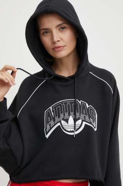 Bavlnená mikina adidas Originals dámska, čierna farba, s kapucňou, s potlačou, IT9772