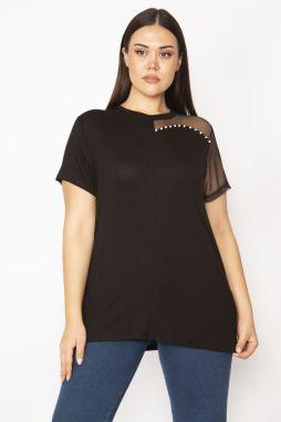 Şans Women's Black Plus Size Tulle And Pearl Detailed Blouse