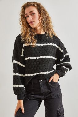 Bianco Lucci Women's Striped Balloon Sleeve Honeycomb Knitted Sweater