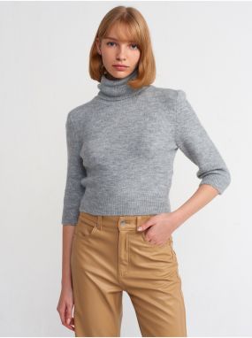 Dilvin 10306 Turtleneck Short Sleeve Crop Sweater-Dark Gray