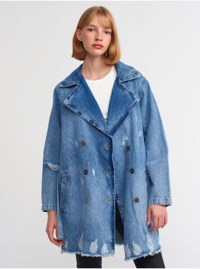 Dilvin 65336 Metal Buttoned Denim Trench Coat-Blue