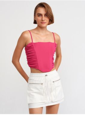 Dilvin 20129 Gathered Detailed Strappy Crop Top-Fuchsia