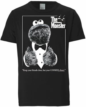 LOGOSHIRT Tričko 'Sesamstrasse - Krümelmonster Pate'  čierna / biela