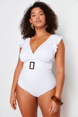 Trendyol Curve White Deep V-Belt Gathering Effect Bridal Knitted Swimsuit