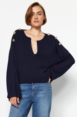 Trendyol Navy Modrá Široko-Fialová Gombíky Pletený sveter