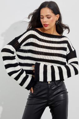 Cool & Sexy Women's Ecru-Black Spanish Sleeve Openwork Knitwear Short Blouse YV109