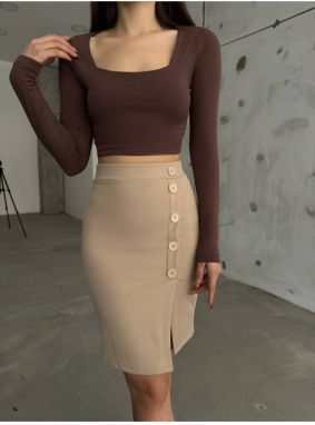 BİKELİFE Women's Beige High Waist Button Detailed Lycra Stretch Skirt