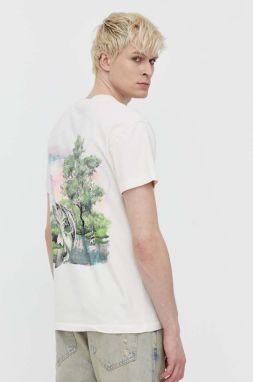 Bavlnené tričko Abercrombie & Fitch pánsky, béžová farba, s potlačou