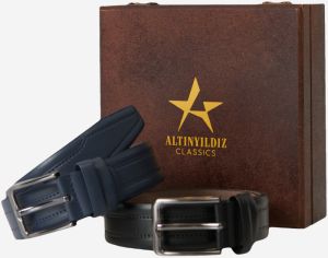 ALTINYILDIZ CLASSICS Men's Black-Navy Blue Special Wooden Gift Box 2-Piece Casual Belt Set Groom's Pack