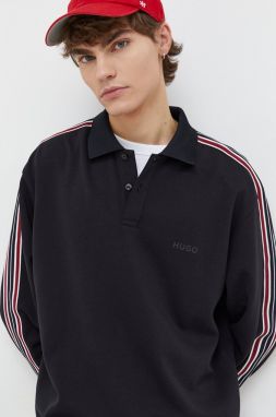 Tričko s dlhým rukávom HUGO pánsky, čierna farba, s nášivkou