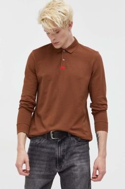 Bavlnené tričko s dlhým rukávom HUGO hnedá farba, jednofarebný