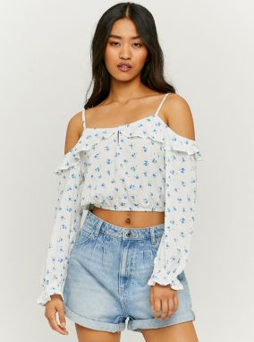 Blue-white floral short blouse with ruffles TALLY WEiJL - Women