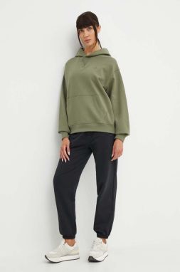 Bavlnená mikina New Balance dámska, zelená farba, s kapucňou, s nášivkou, WT41537DEK
