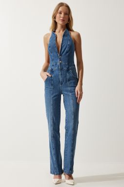 Happiness İstanbul Women's Blue Snap Neck Denim Jumpsuit