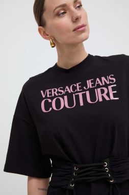 Bavlnené tričko Versace Jeans Couture dámsky, čierna farba, 76HAHG04 CJ00G