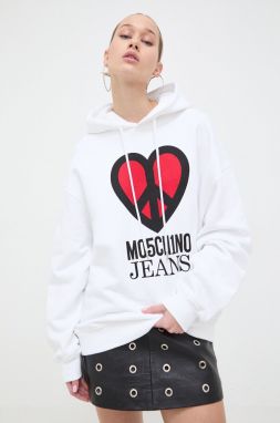 Bavlnená mikina Moschino Jeans dámska, biela farba, s kapucňou, s potlačou