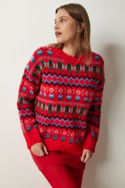 Happiness İstanbul Women's Red Patterned Wool Knitwear Sweater