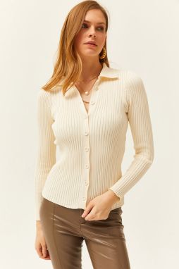 Olalook Women's Ecru Collar Buttoned Ribbed Knitwear Cardigan