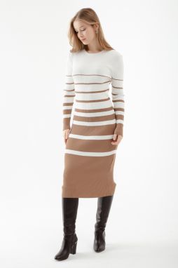 Lafaba Women's Mink Crew Neck Striped Knitwear Dress